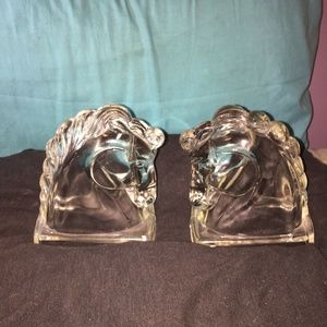 Vintage Set Of Federal Clear Glass Horse Bookends